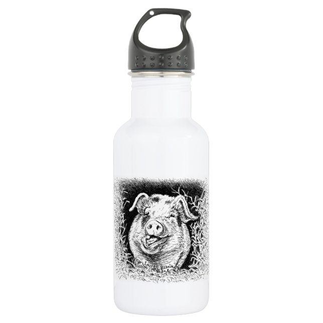 happy hog animal drawing stainless steel water bottle (Front)