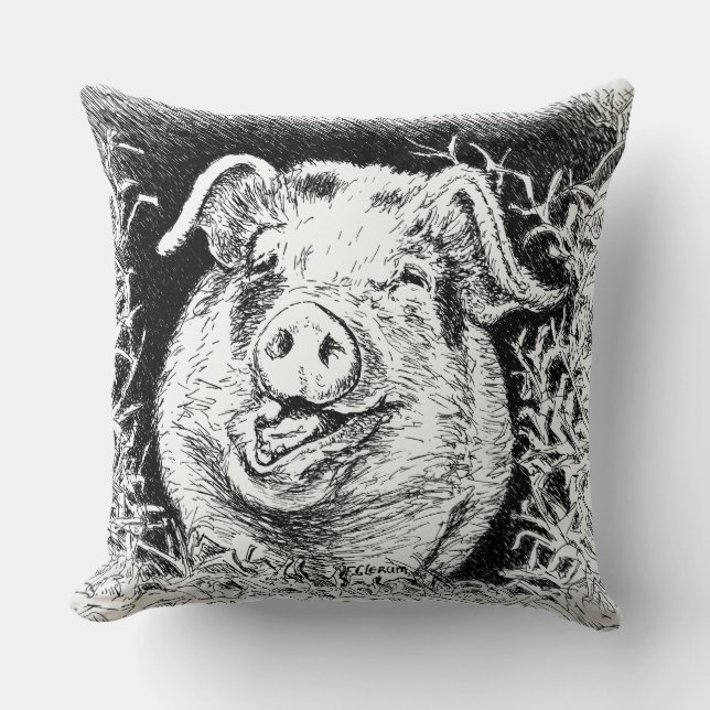 happy hog animal drawing throw pillow (Front)