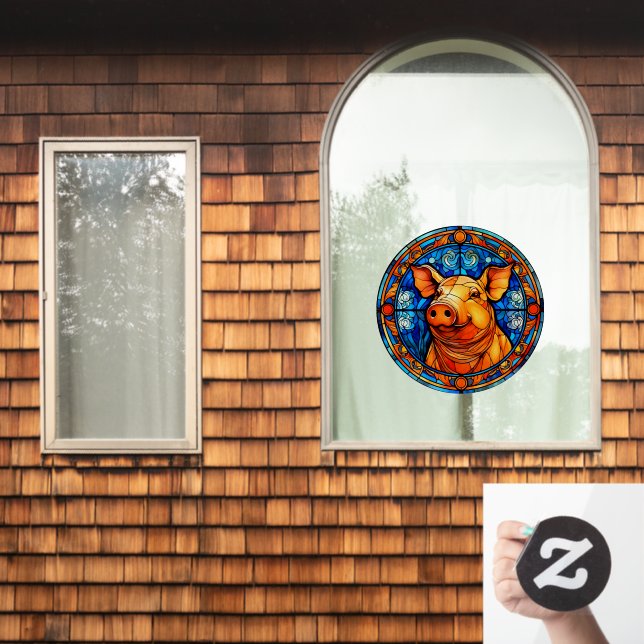 Happy Hog Pig Farm Life Faux Stained Glass Window Cling (Home Window)