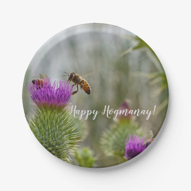 Happy Hogmanay Celebration Thistle & Honey Bees Paper Plates (Front)