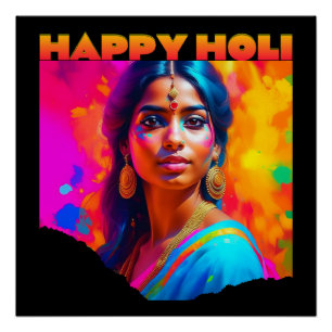 Happy Holi Beautiful Woman in Blue Poster