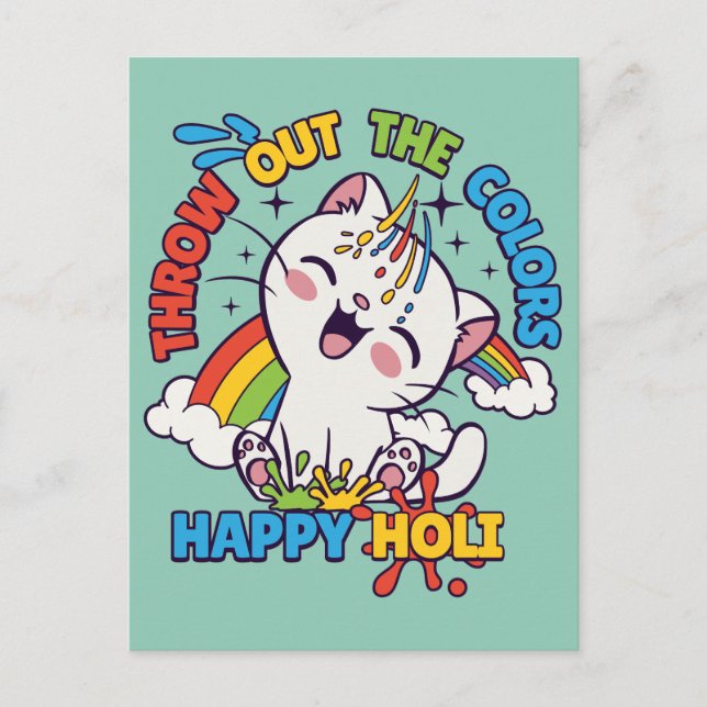 Happy Holi Cat Postcard (Front)