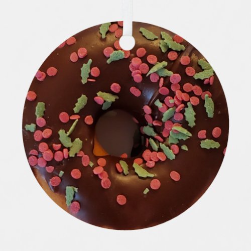 Happy Holi_Glaze Chocolate Sprinkles Donut   Metal Ornament