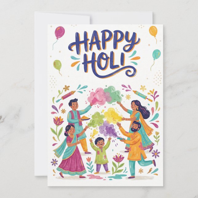 Happy Holi Greeting Card - Family Color Festival (Front)