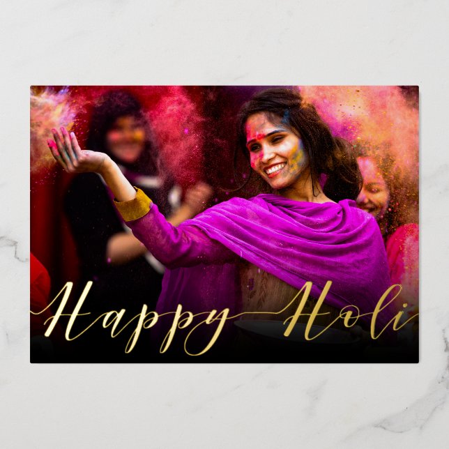 Happy Holi Hai Photo Typography Foil Holiday Card (Front)