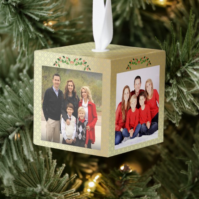Happy Holiday 3 Family Photos Holly & Gold Pattern Cube Ornament (Tree)