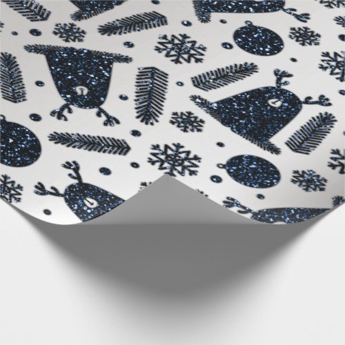 Happy Holiday Alien Reindeer Silver Blue Navy Snow Wrapping Paper