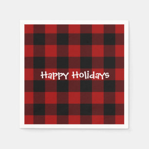 Happy Holiday black and red buffalo plaid Napkins