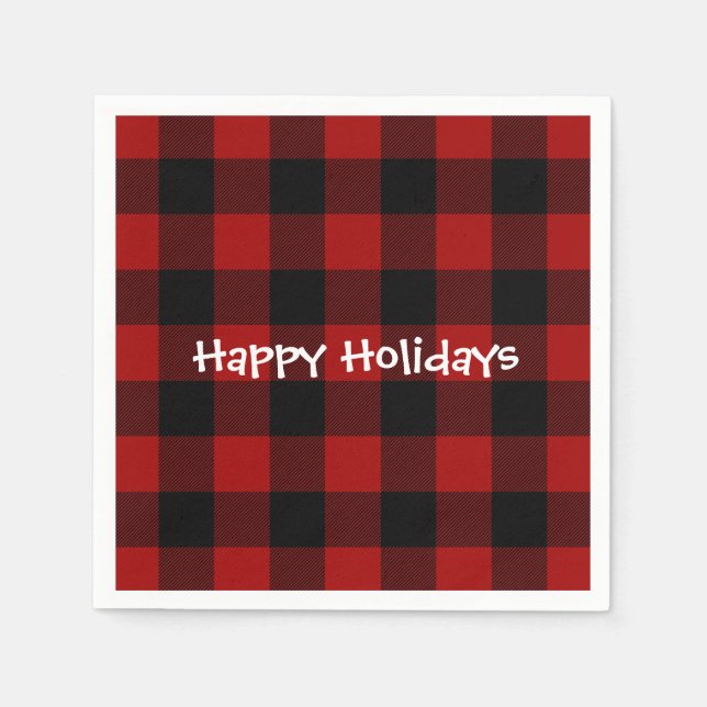 Happy Holiday black and red buffalo plaid Napkins (Front)