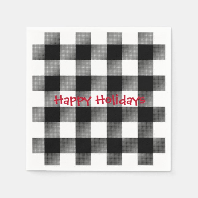 Happy Holiday black and white buffalo plaid Napkins (Front)