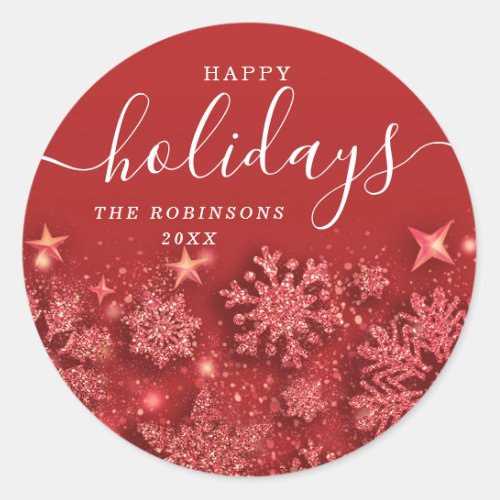 Happy Holiday Christmas Glitter Snow Red Classic Round Sticker
