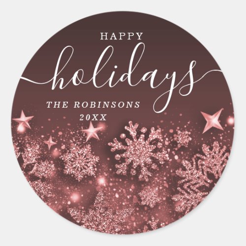 Happy Holiday Christmas Glitter Snow Rose Gold Classic Round Sticker