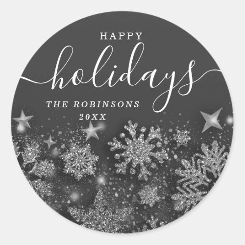 Happy Holiday Christmas Glitter Snow Silver Classic Round Sticker