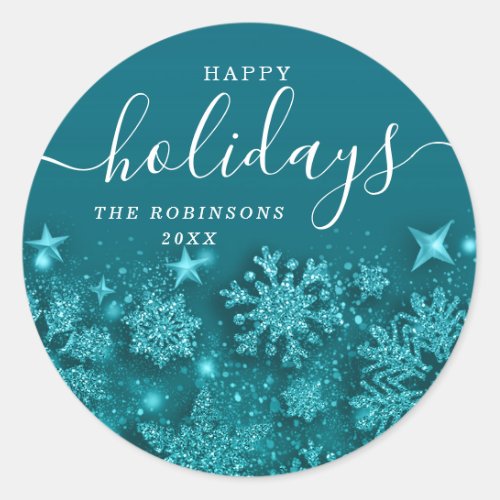 Happy Holiday Christmas Glitter Snow Teal Classic Round Sticker