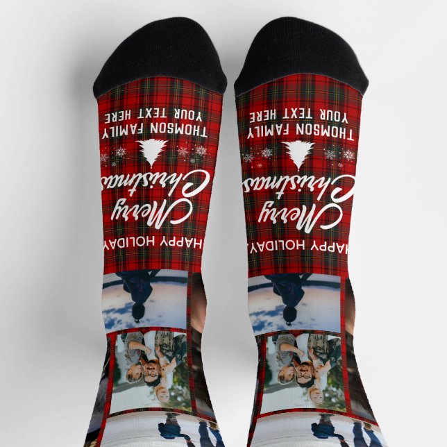 Happy Holiday Christmas Photo Collage Custom Names Socks (Top)