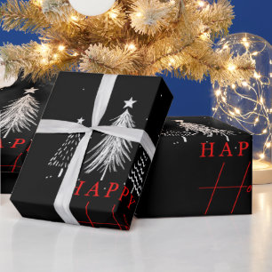 Happy Holiday Christmas Pine Tree Black Wrapping Paper
