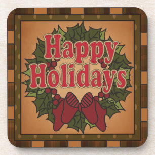 Happy Holiday Christmas Wreath Coasters