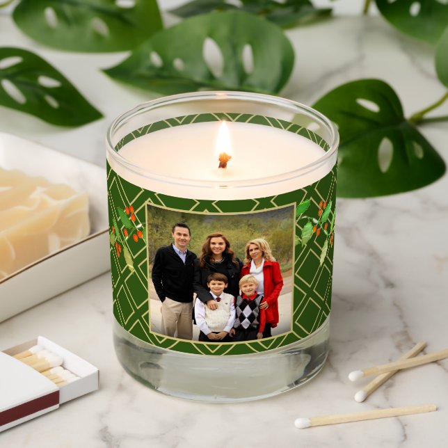 Happy Holiday Family Photo Name Gold Green Diamond Scented Candle (Lit)