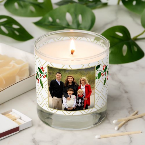 Happy Holiday Family Photo Name Gold White Diamond Scented Candle