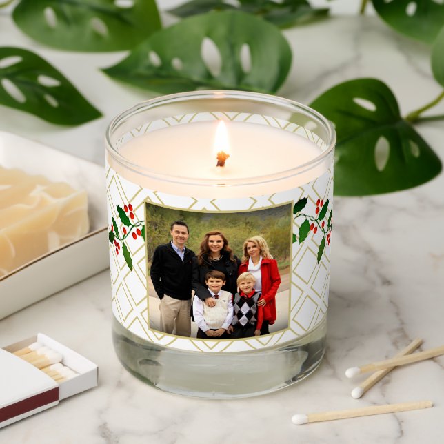 Happy Holiday Family Photo Name Gold White Diamond Scented Candle (Lit)
