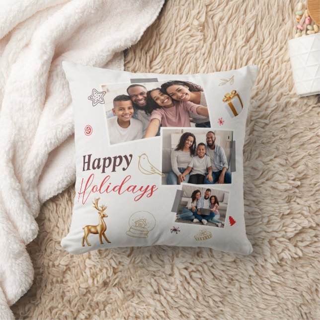 Happy Holiday Family Three Photo Collage Card Throw Pillow (Blanket)