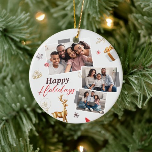 Happy Holiday Family Three Photo Collage Ceramic Ornament