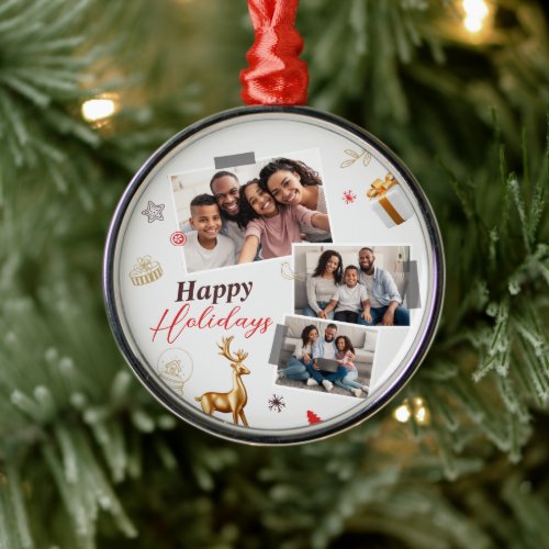 Happy Holiday Family Three Photo Collage Metal Ornament