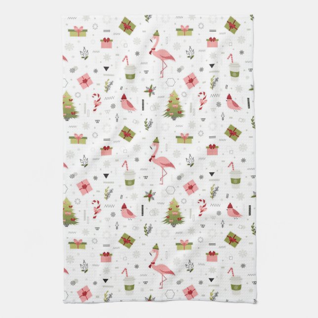 Happy Holiday Flamingo Pattern Kitchen Towel (Vertical)