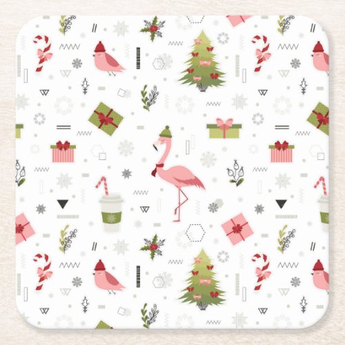 Happy Holiday Flamingo Pattern Square Paper Coaster