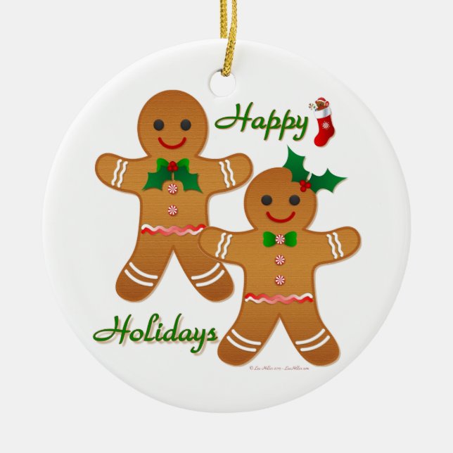 Happy Holiday Gingerbread Man Boy Girl Ceramic Ornament (Front)