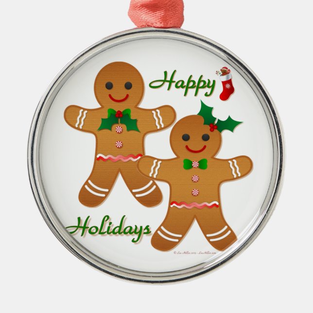 Happy Holiday Gingerbread Man Boy Girl Metal Ornament (Front)