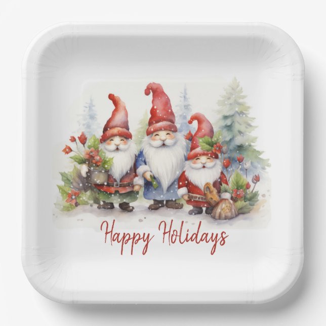 Happy Holiday Gnomes In Snowflakes Paper Plates (Front)