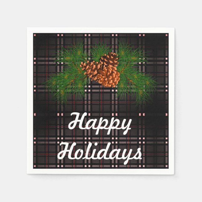 Happy Holiday - grey tartan with pine-cone detail Paper Napkins (Front)