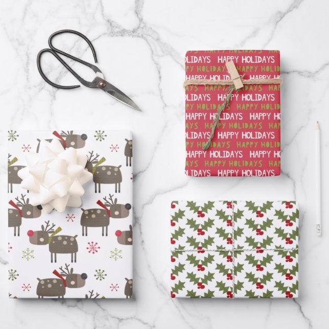 Happy Holiday holly leaves cute reindeer Christmas Wrapping Paper Sheets (Front)