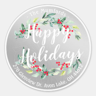 Happy Holiday Merry Christmas Holly Floral Address Classic Round Sticker