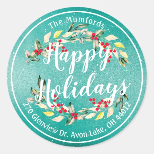 Happy Holiday Merry Christmas Holly Floral Address Classic Round Sticker