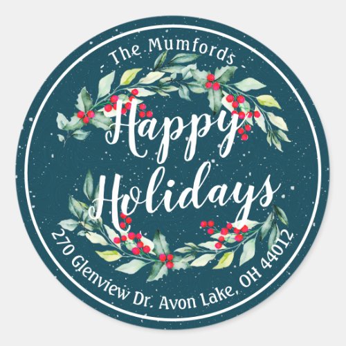 Happy Holiday Merry Christmas Holly Floral Address Classic Round Sticker
