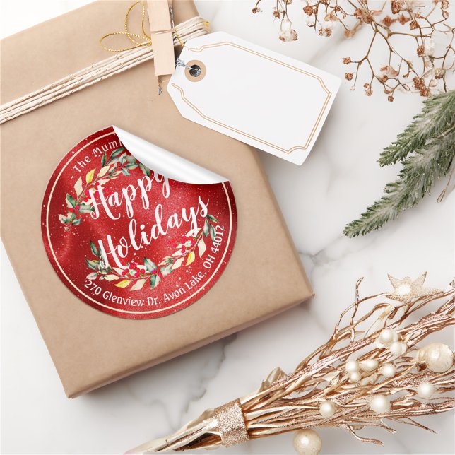 Happy Holiday Merry Christmas Holly Floral Address Classic Round Sticker (Creator Uploaded)