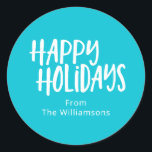 Happy Holiday | Modern Turquoise Personalized Name Classic Round Sticker<br><div class="desc">Make your holiday gifts and cards extra special with these fun and modern Happy Holidays stickers! Featuring playful hand-lettered typography on a bright turquoise background, this design adds a cheerful, personal touch to Christmas gifts, holiday party favors, and seasonal packaging. Perfect for families, businesses, or party hosts, these stickers can...</div>