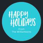 Happy Holiday | Modern Turquoise Personalized Name Classic Round Sticker<br><div class="desc">Make your holiday gifts and cards extra special with these fun and modern Happy Holidays stickers! Featuring playful hand-lettered typography on a bright turquoise background, this design adds a cheerful, personal touch to Christmas gifts, holiday party favors, and seasonal packaging. Perfect for families, businesses, or party hosts, these stickers can...</div>