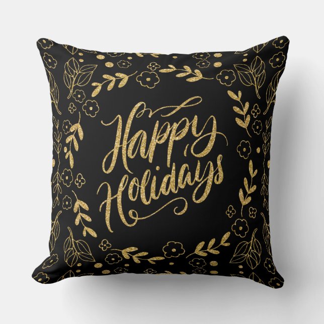 Happy Holiday Modern Typography Gold Leafs Frame Throw Pillow (Front)