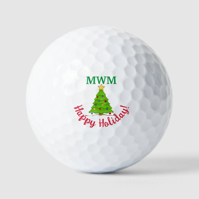 Happy Holiday Monogram Christmas Tree Golf Ball (Front)