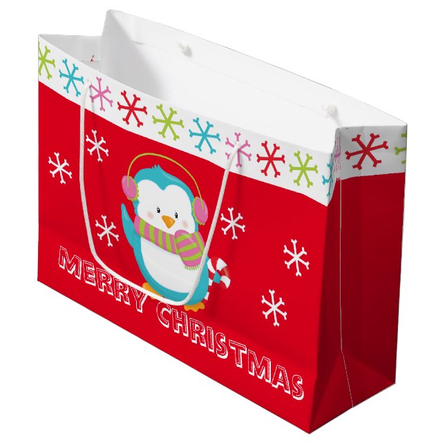 Happy Holiday Penguin Large Gift Bag (Front Angled)