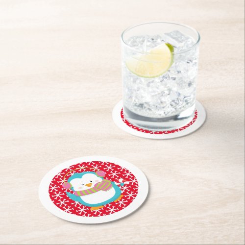 Happy Holiday Penguin Round Paper Coaster