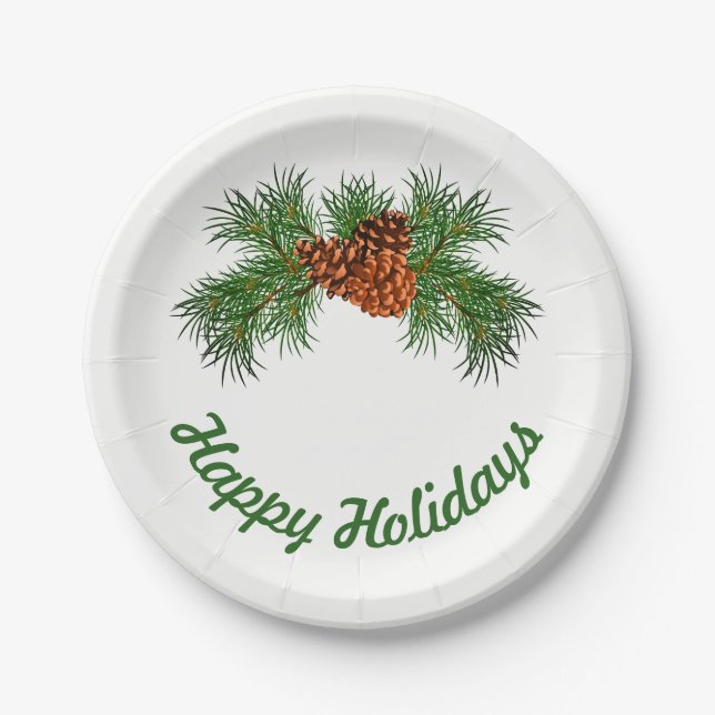 Happy Holiday - pine-cone detail Paper Plates (Front)