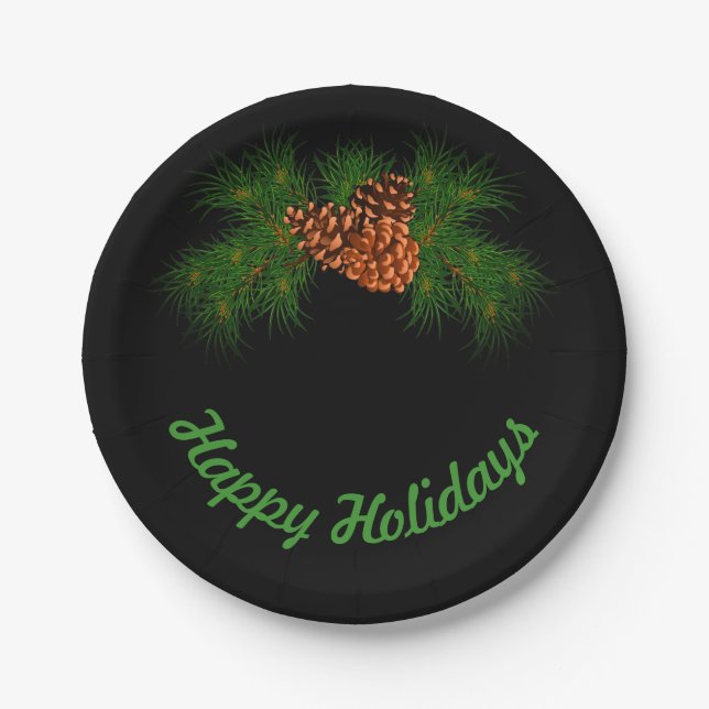 Happy Holiday - pine-cone detail Paper Plates (Front)