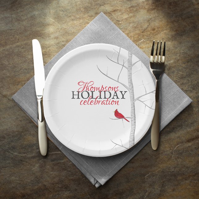 Happy Holiday Red Cardinal Personalized Paper Plates (Red cardinal custom Happy Holidays paper plate. )