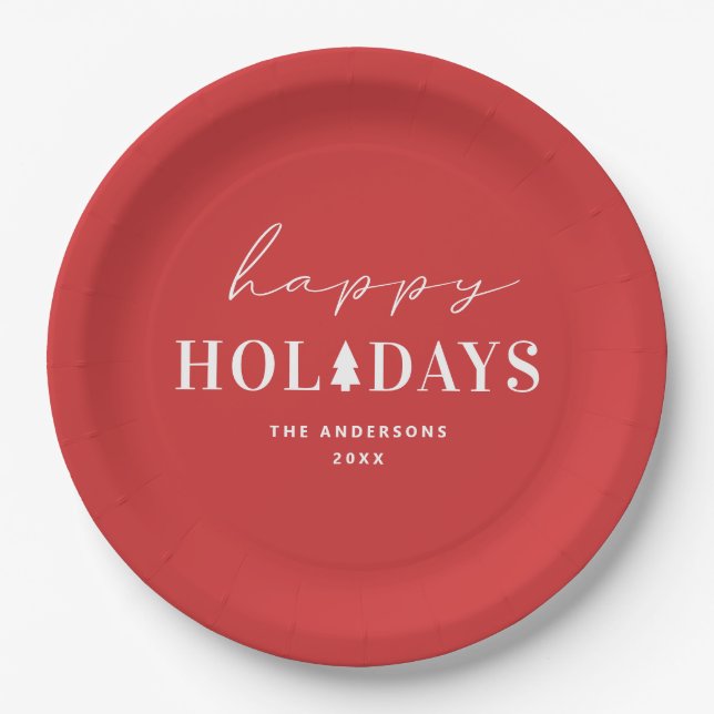 Happy Holiday | Red Christmas & New Year Party Paper Plates (Front)