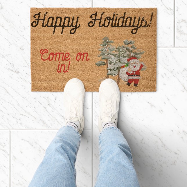 Happy Holiday Red Santa and evergreens Fiber Doormat (Insitu)