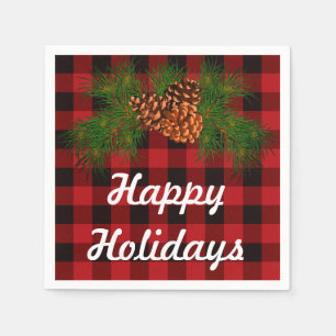 Happy Holiday,  red tartan, pine-cone detail Paper Napkins